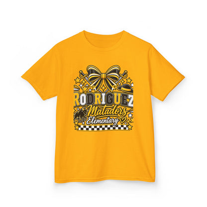 Rodriguez Matadors Elementary Kids T‑Shirt — School Spirit Bow & Mascot Tee