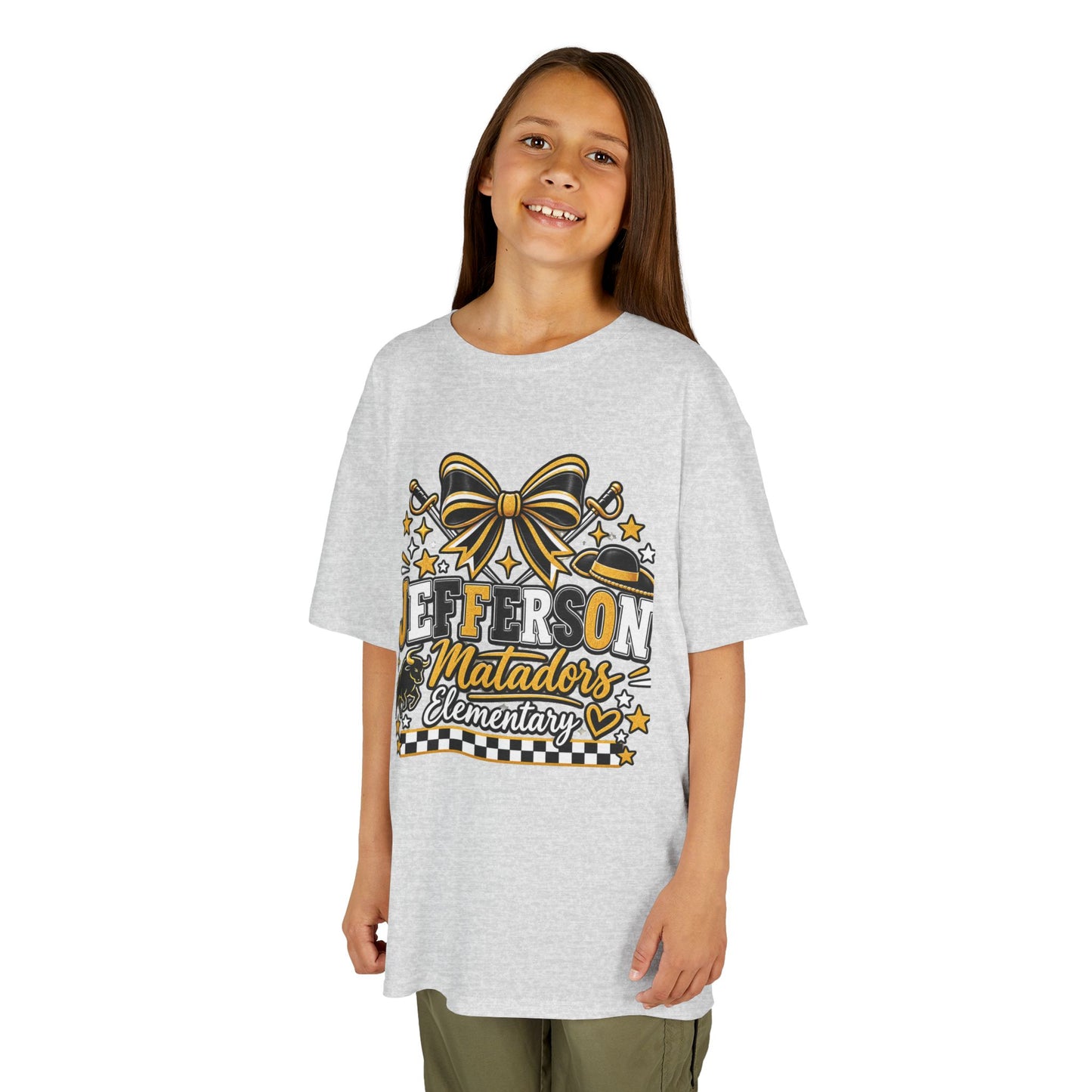 Jefferson Matadors Elementary Kids T-Shirt — School Spirit Bow & Mascot Tee