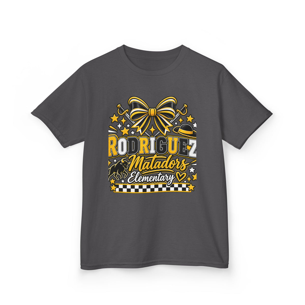 Rodriguez Matadors Elementary Kids T‑Shirt — School Spirit Bow & Mascot Tee