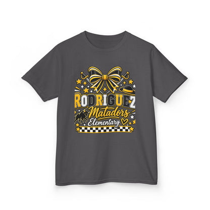 Rodriguez Matadors Elementary Kids T‑Shirt — School Spirit Bow & Mascot Tee