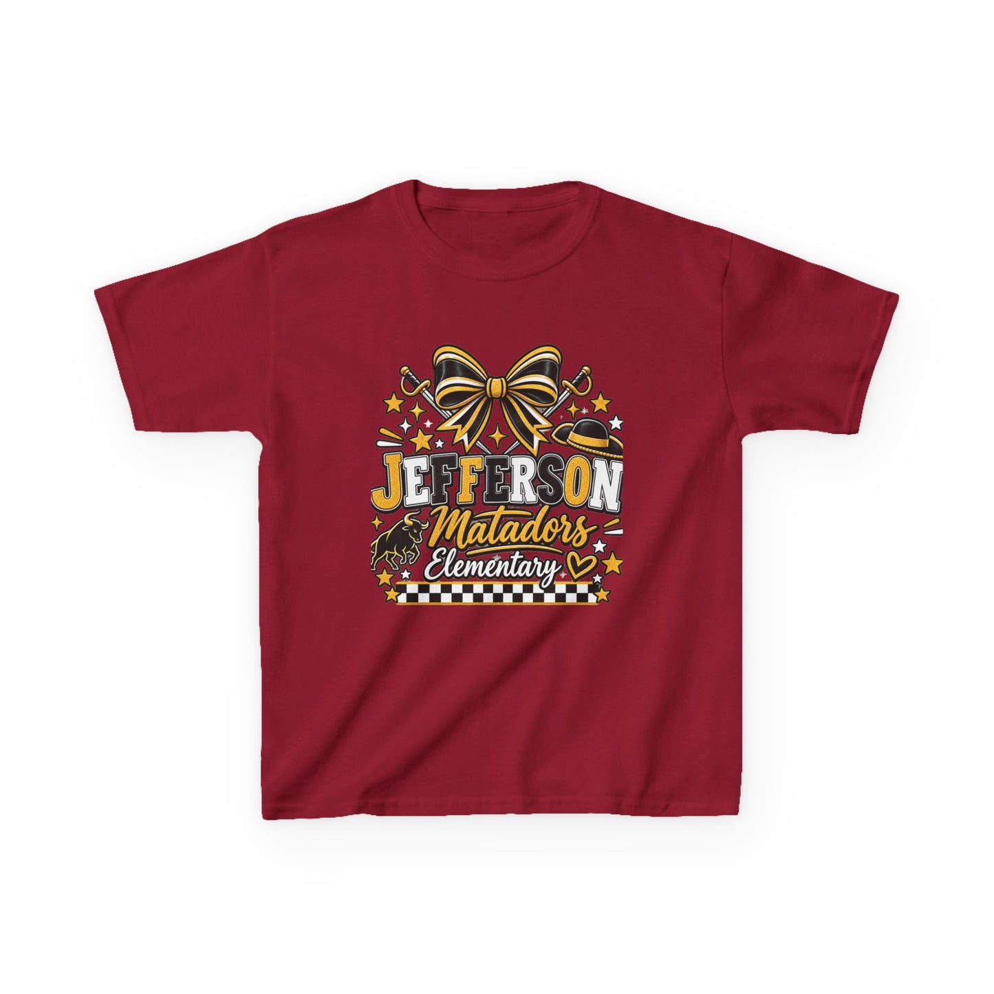 Jefferson Matadors Elementary Kids T-Shirt — School Spirit Bow & Mascot Tee