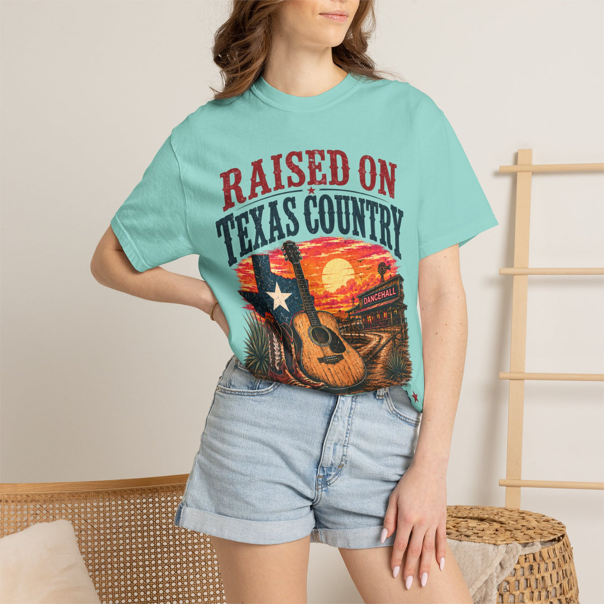 Raised on Texas Country T-Shirt — Gonzales TX Vintage Guitar Sunset Tee