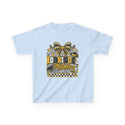 Rodriguez Matadors Elementary Kids T‑Shirt — School Spirit Bow & Mascot Tee