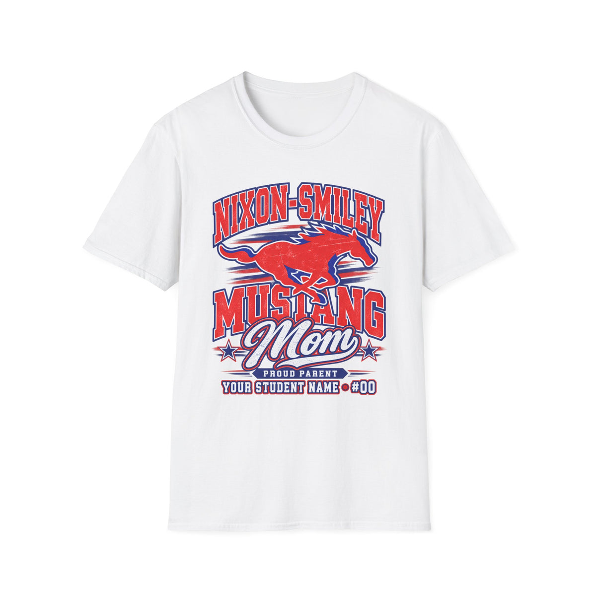 Mustang Mom T‑Shirt — Nixon‑Smiley School Spirit Tee (Customizable Student Name)