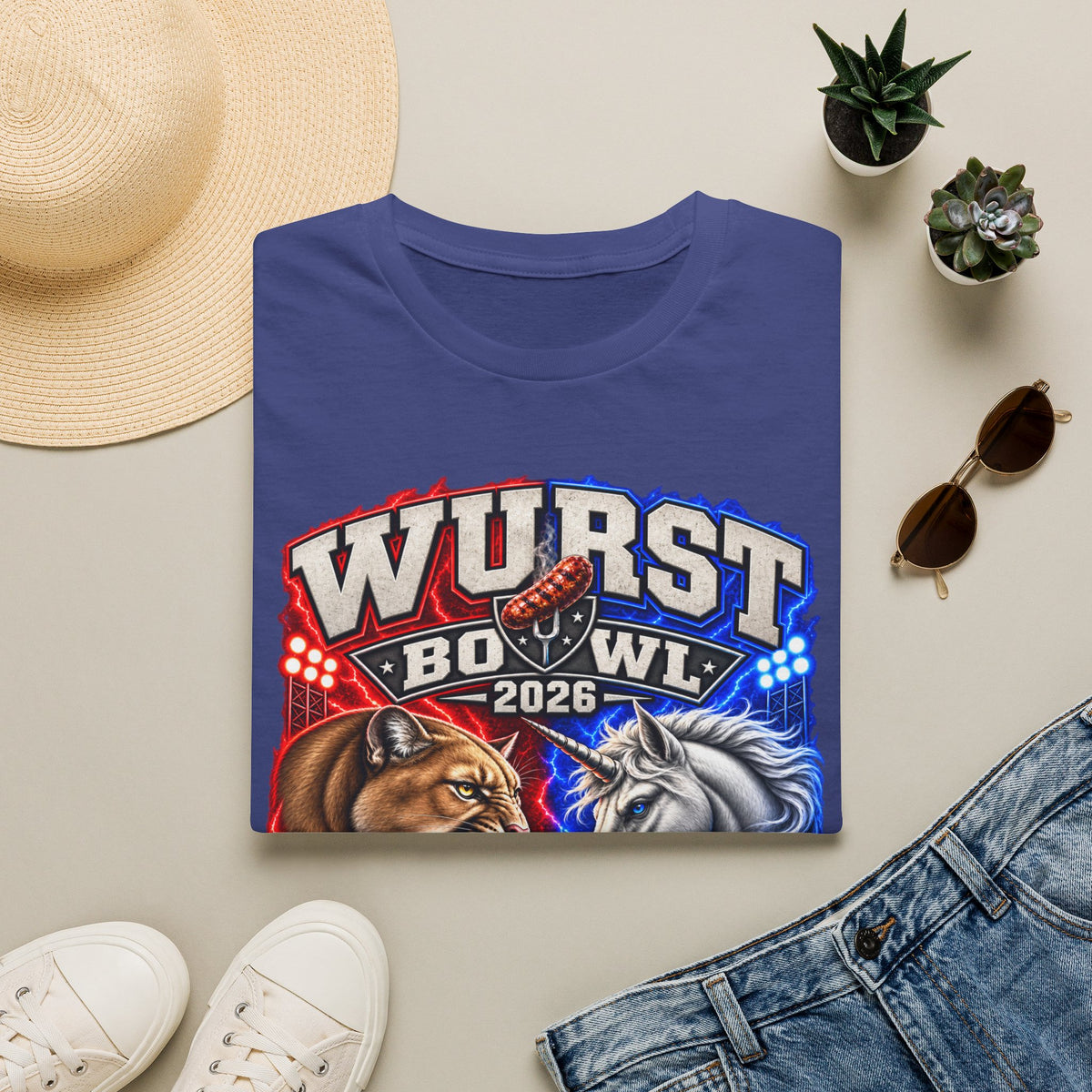 Wurst Bowl 2026 T‑Shirt — Rivalry Game Day Tee (Sausage vs. Unicorn)