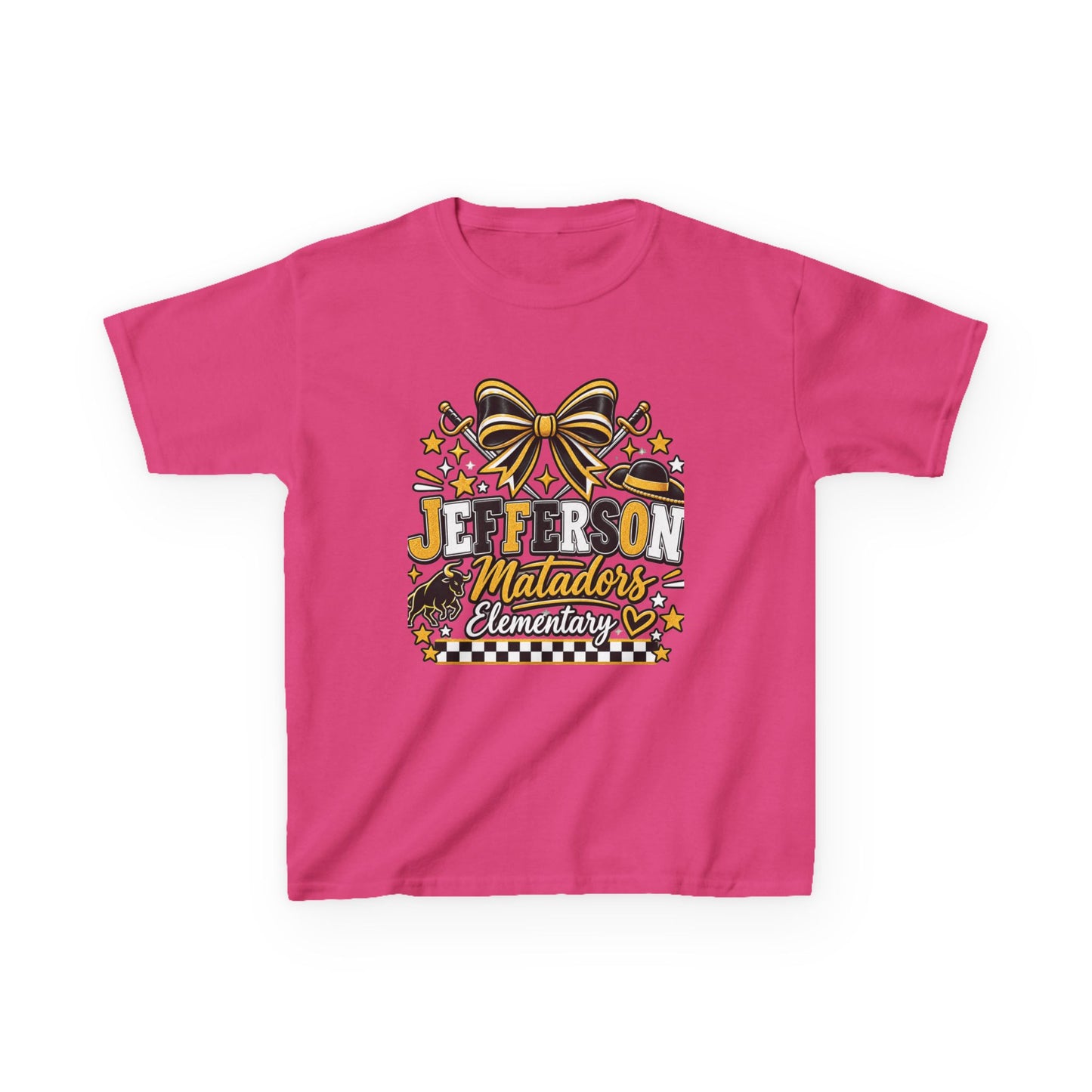 Jefferson Matadors Elementary Kids T-Shirt — School Spirit Bow & Mascot Tee