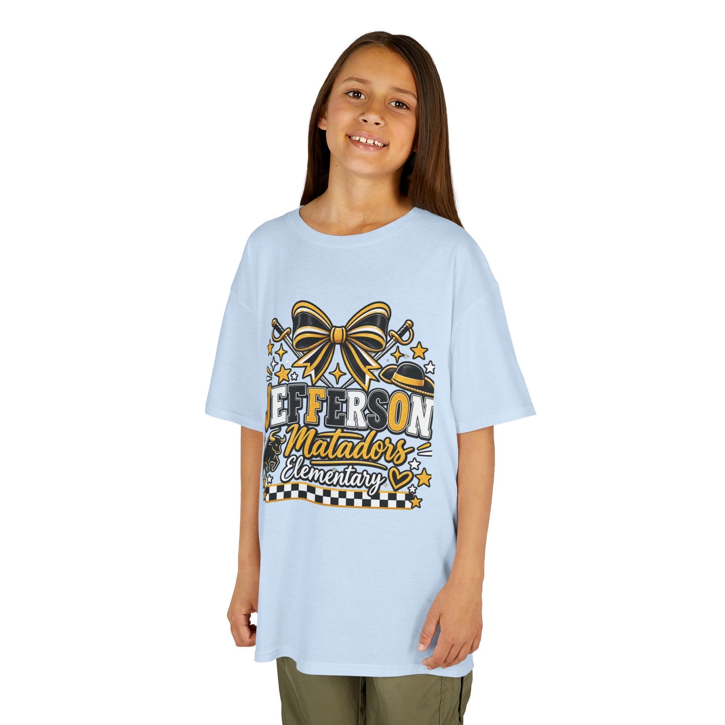 Jefferson Matadors Elementary Kids T-Shirt — School Spirit Bow & Mascot Tee