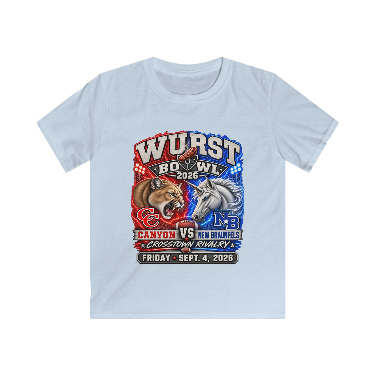 Kids Rivalry Football Tee — Canyon vs New Braunfels ‘Wurst Bowl’ 2026 Game Day Shirt