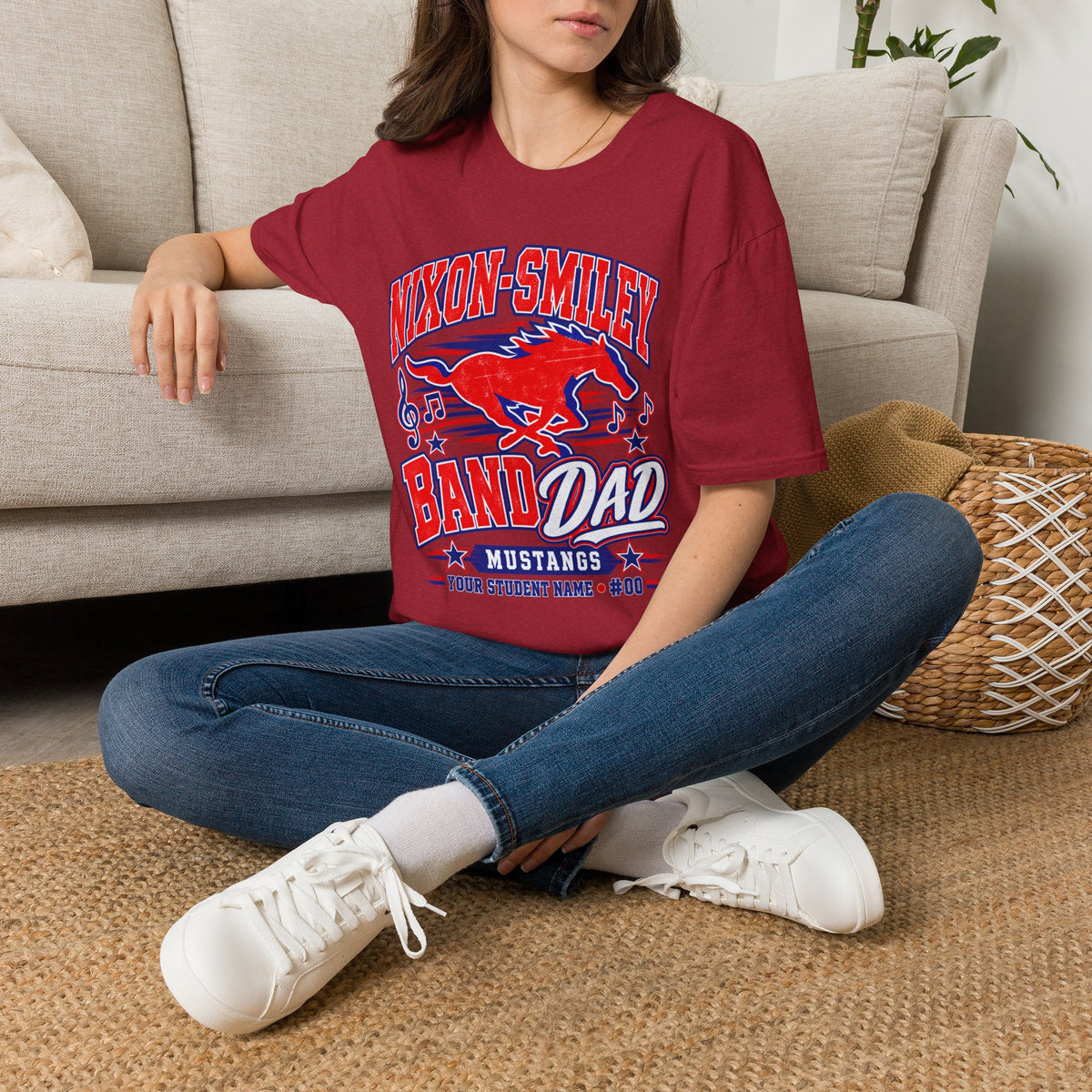Nixon-Smiley Mustangs Band T-Shirt — Vintage Red Mustang Music Design