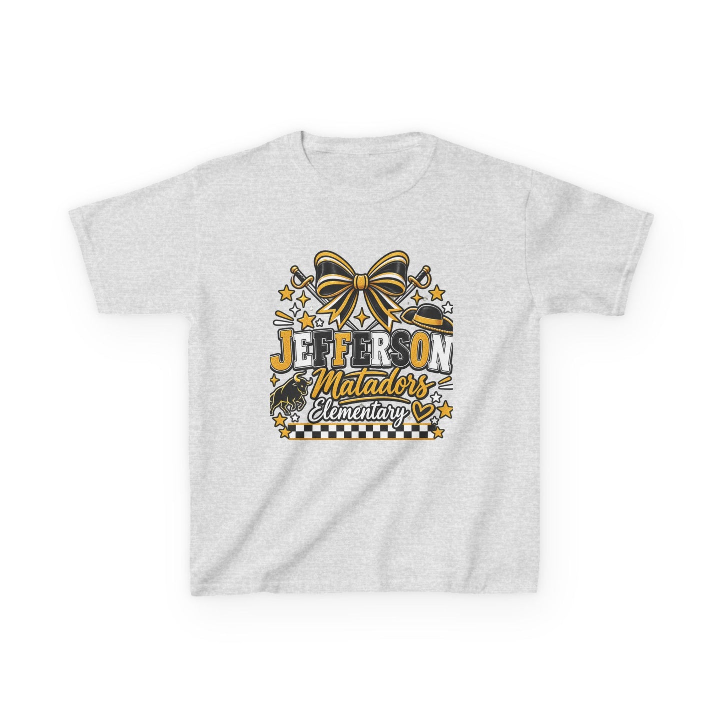 Jefferson Matadors Elementary Kids T-Shirt — School Spirit Bow & Mascot Tee
