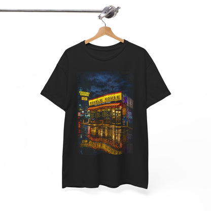 Diner Neon Night T-Shirt — Retro Rainy Cityscape Graphic Tee