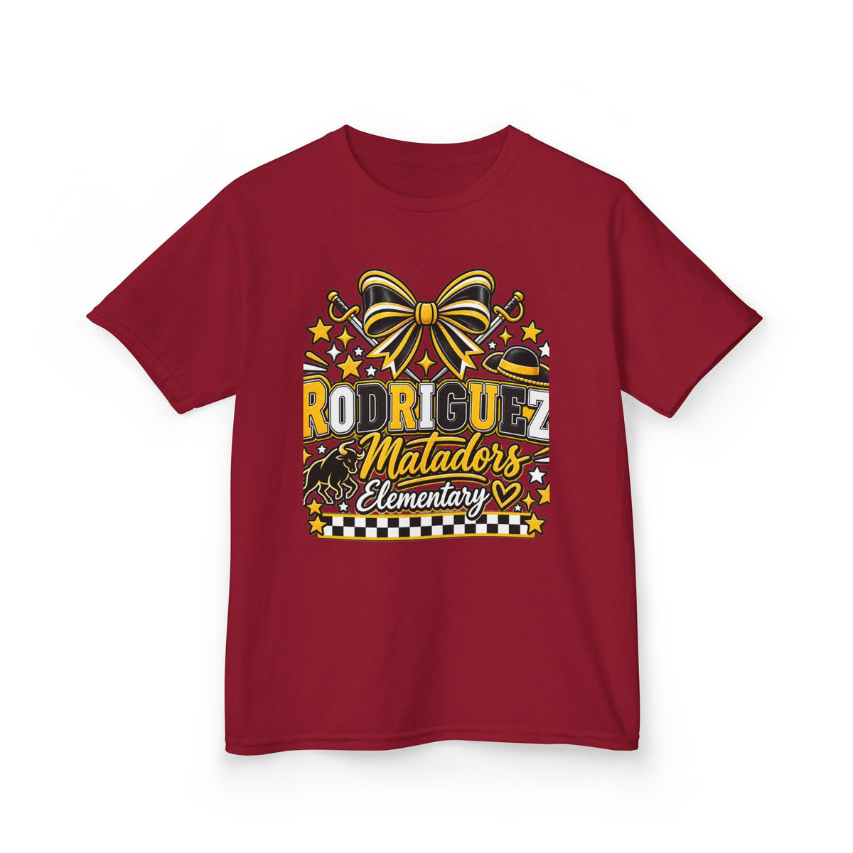 Rodriguez Matadors Elementary Kids T‑Shirt — School Spirit Bow & Mascot Tee