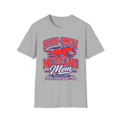 Mustang Mom T‑Shirt — Nixon‑Smiley School Spirit Tee (Customizable Student Name)