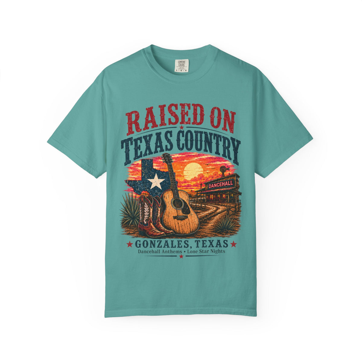 Raised on Texas Country T-Shirt — Gonzales TX Vintage Guitar Sunset Tee