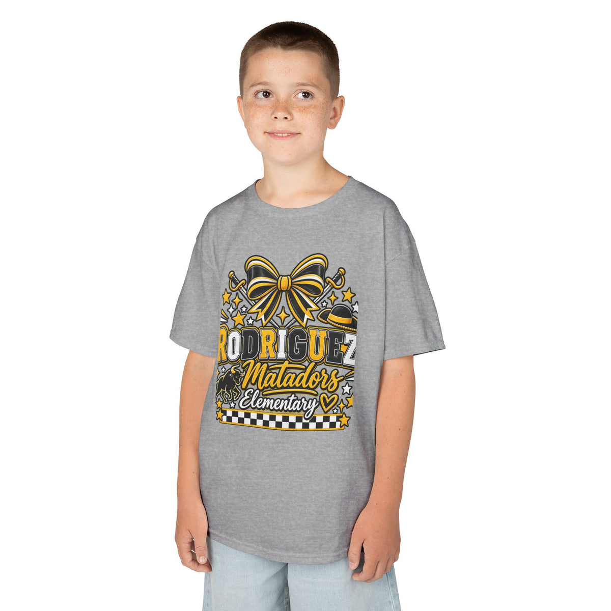 Rodriguez Matadors Elementary Kids T‑Shirt — School Spirit Bow & Mascot Tee