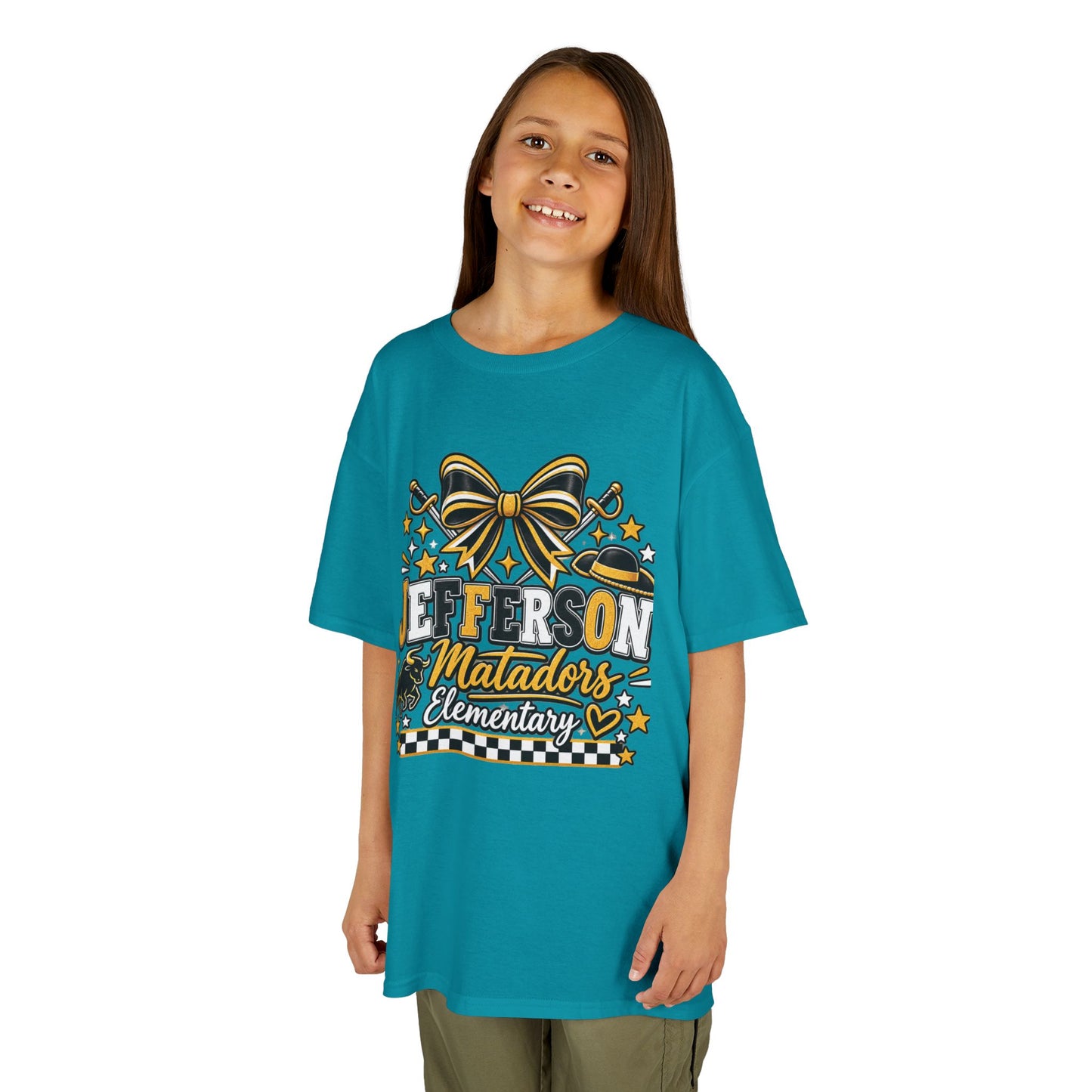 Jefferson Matadors Elementary Kids T-Shirt — School Spirit Bow & Mascot Tee