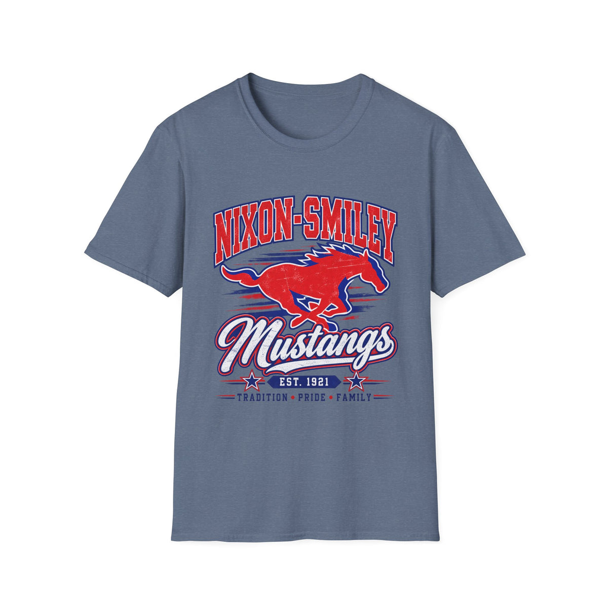 Nixon-Smiley Mustangs Tee — Retro School Mascot T-Shirt