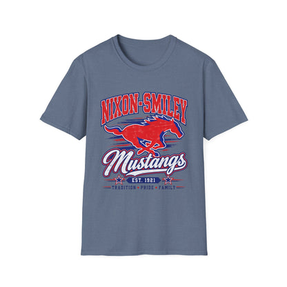 Nixon-Smiley Mustangs Tee — Retro School Mascot T-Shirt