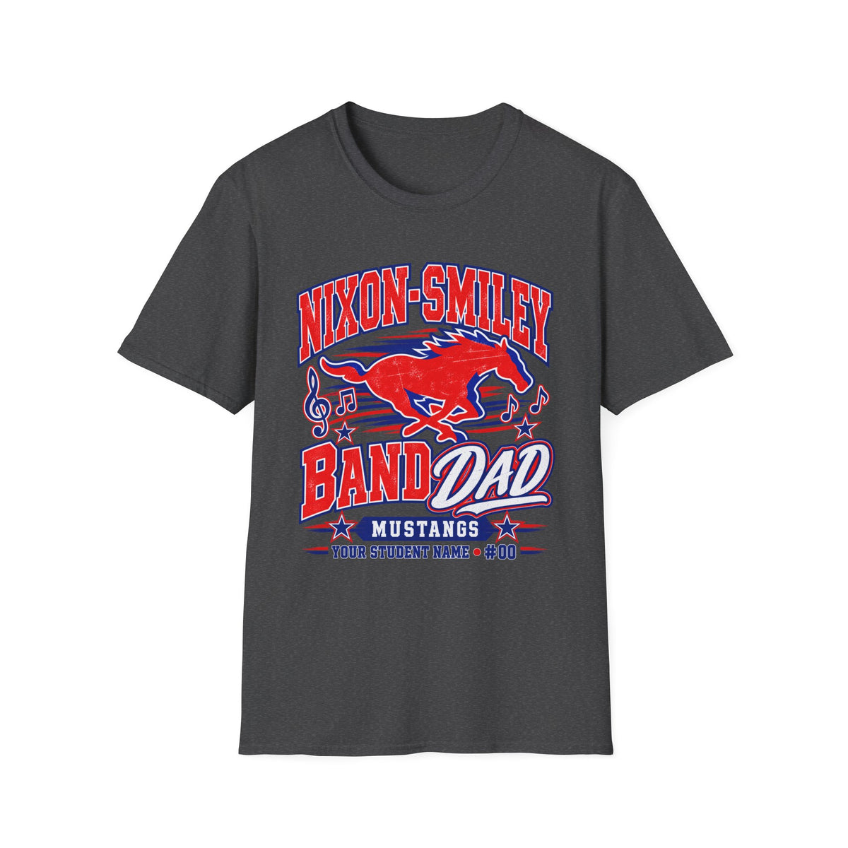 Nixon-Smiley Mustangs Band T-Shirt — Vintage Red Mustang Music Design
