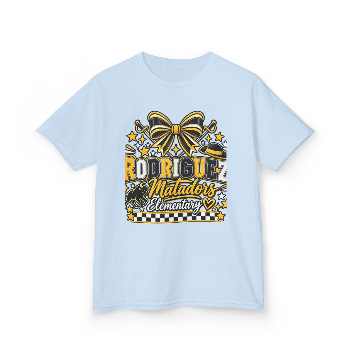 Rodriguez Matadors Elementary Kids T‑Shirt — School Spirit Bow & Mascot Tee