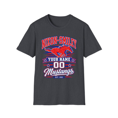 Customizable Mustang Team T-Shirt — 'Nixon-SMiley' Personalized Jersey Tee