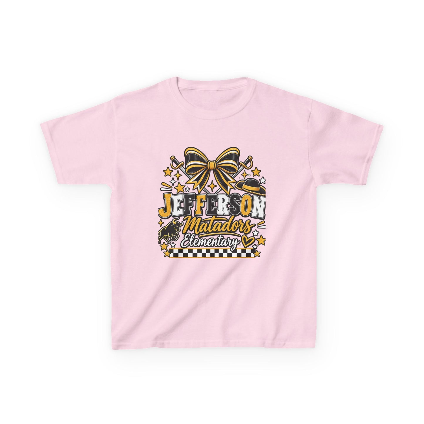 Jefferson Matadors Elementary Kids T-Shirt — School Spirit Bow & Mascot Tee