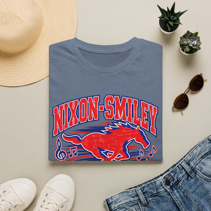 Nixon-Smiley Mustangs Band T-Shirt — Vintage Red Mustang Music Design