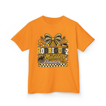 Rodriguez Matadors Elementary Kids T‑Shirt — School Spirit Bow & Mascot Tee