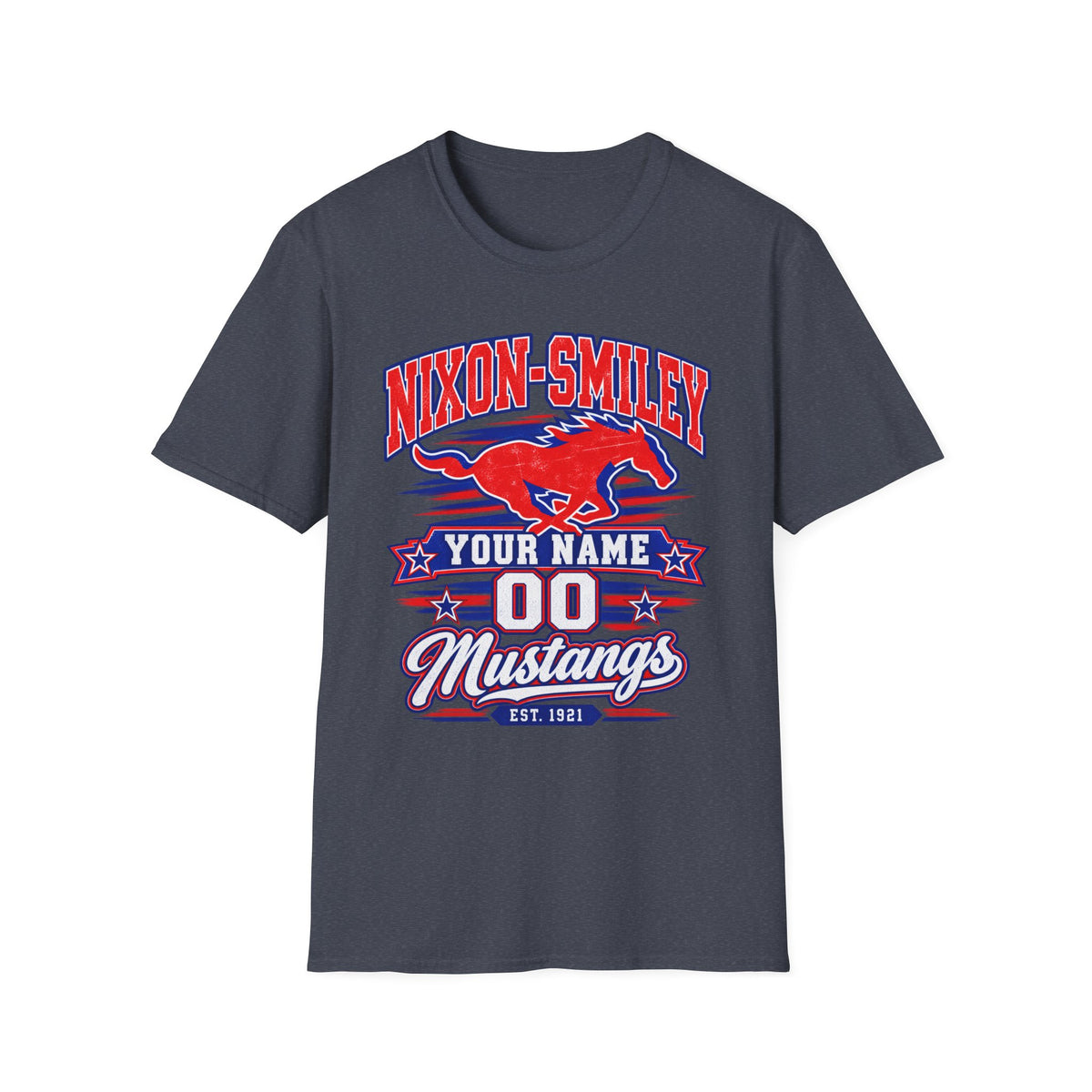 Customizable Mustang Team T-Shirt — 'Nixon-SMiley' Personalized Jersey Tee