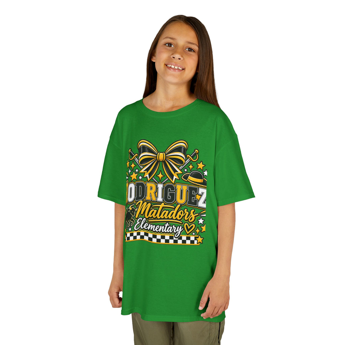 Rodriguez Matadors Elementary Kids T‑Shirt — School Spirit Bow & Mascot Tee