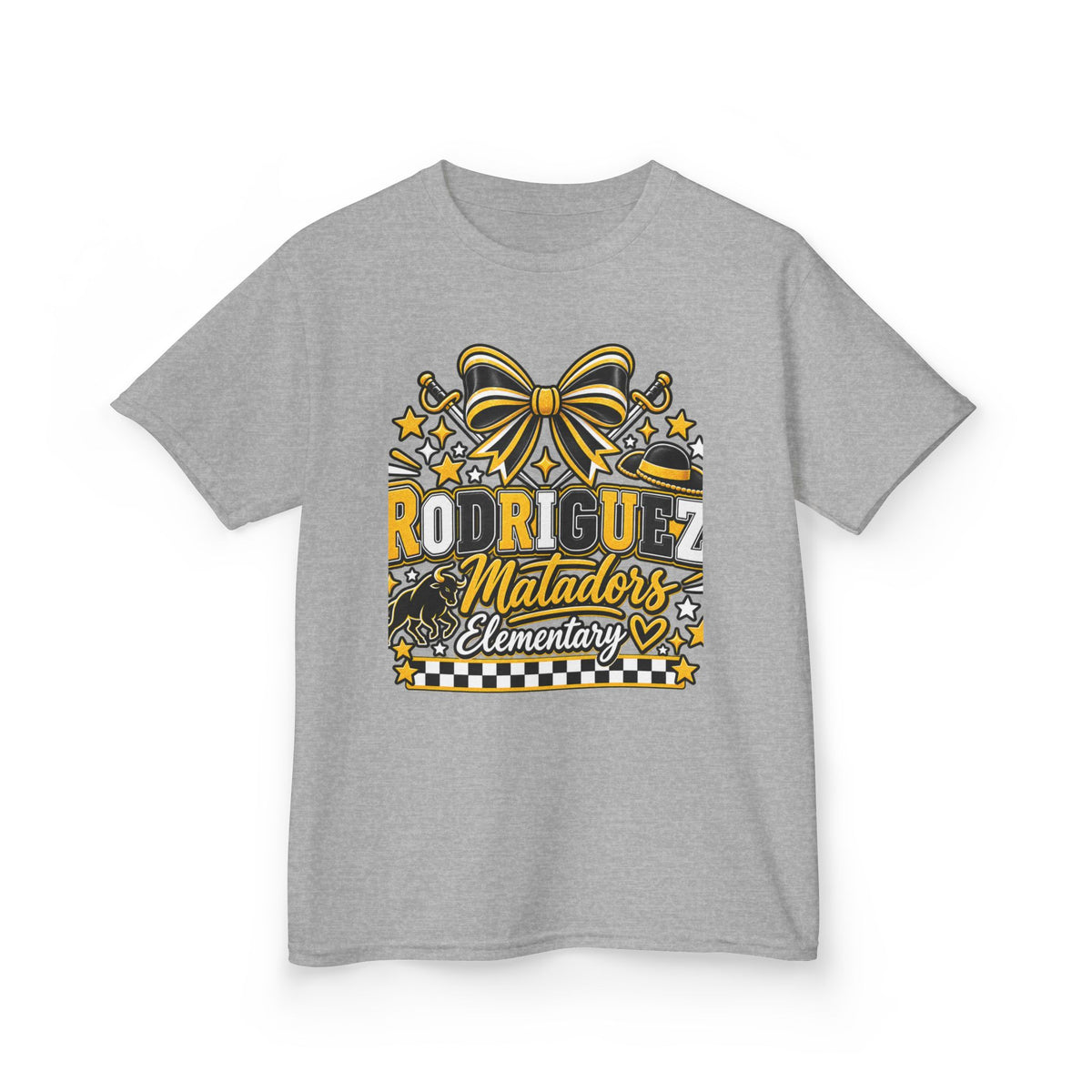 Rodriguez Matadors Elementary Kids T‑Shirt — School Spirit Bow & Mascot Tee