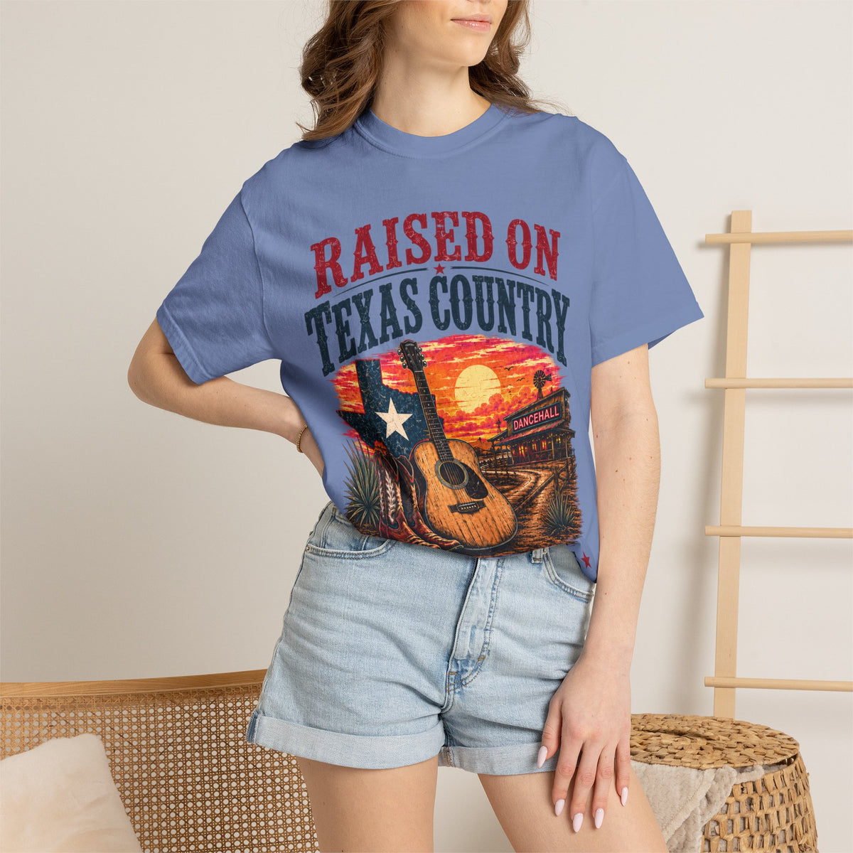 Raised on Texas Country T-Shirt — Gonzales TX Vintage Guitar Sunset Tee