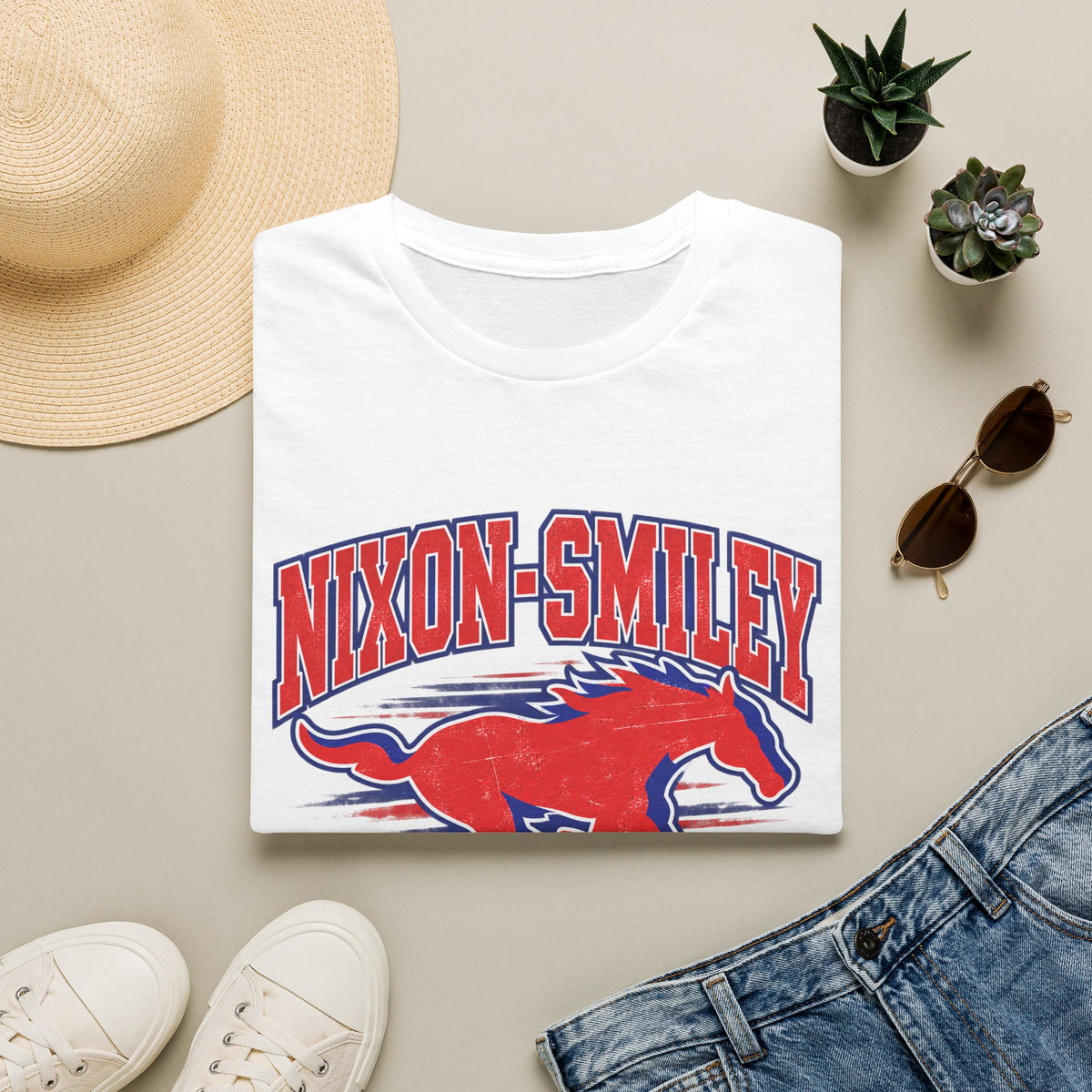 Nixon-Smiley Mustangs Tee — Retro School Mascot T-Shirt