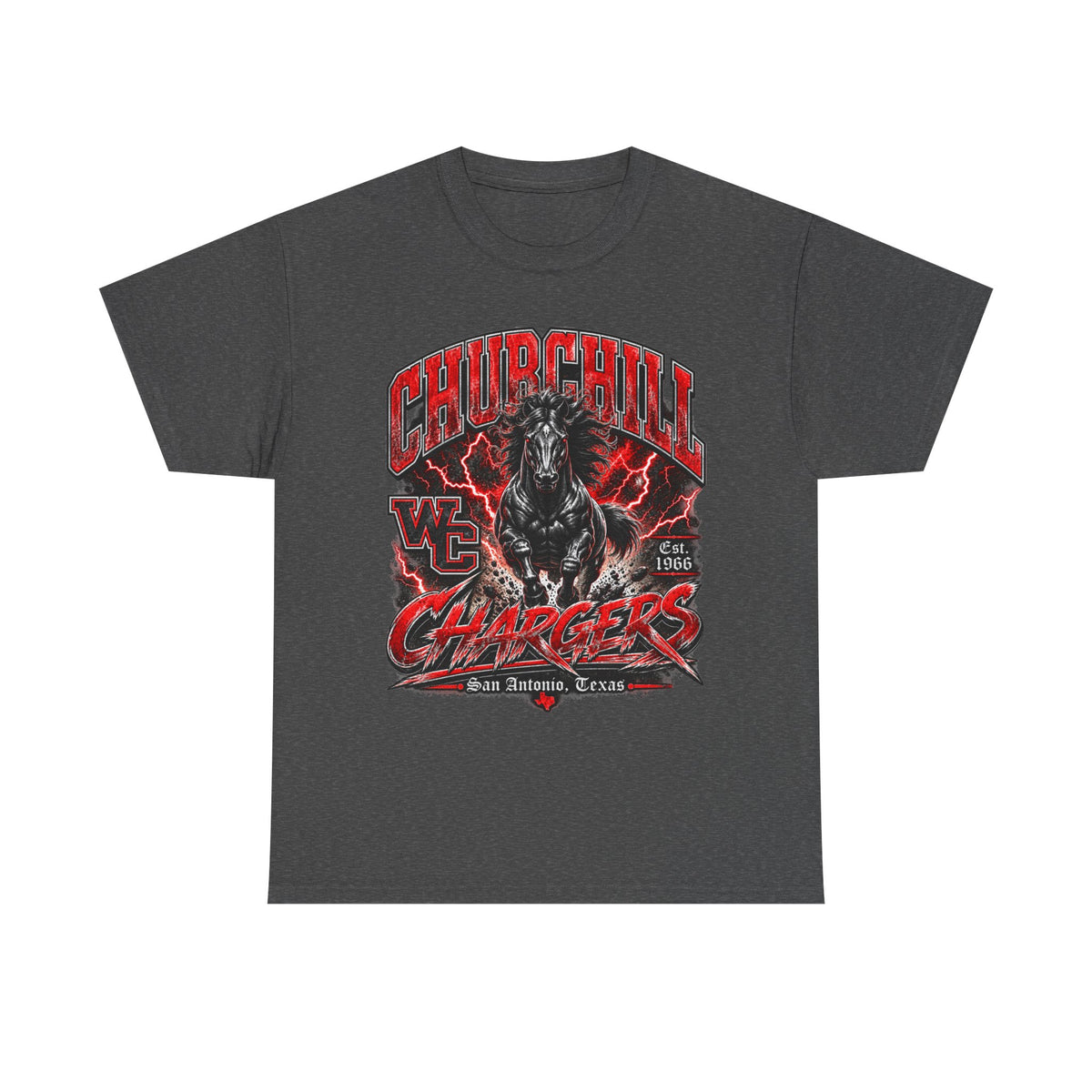 Churchill Chargers Mascot T‑Shirt — Vintage Black Stallion School Team Tee