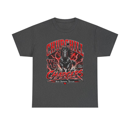 Churchill Chargers Mascot T‑Shirt — Vintage Black Stallion School Team Tee