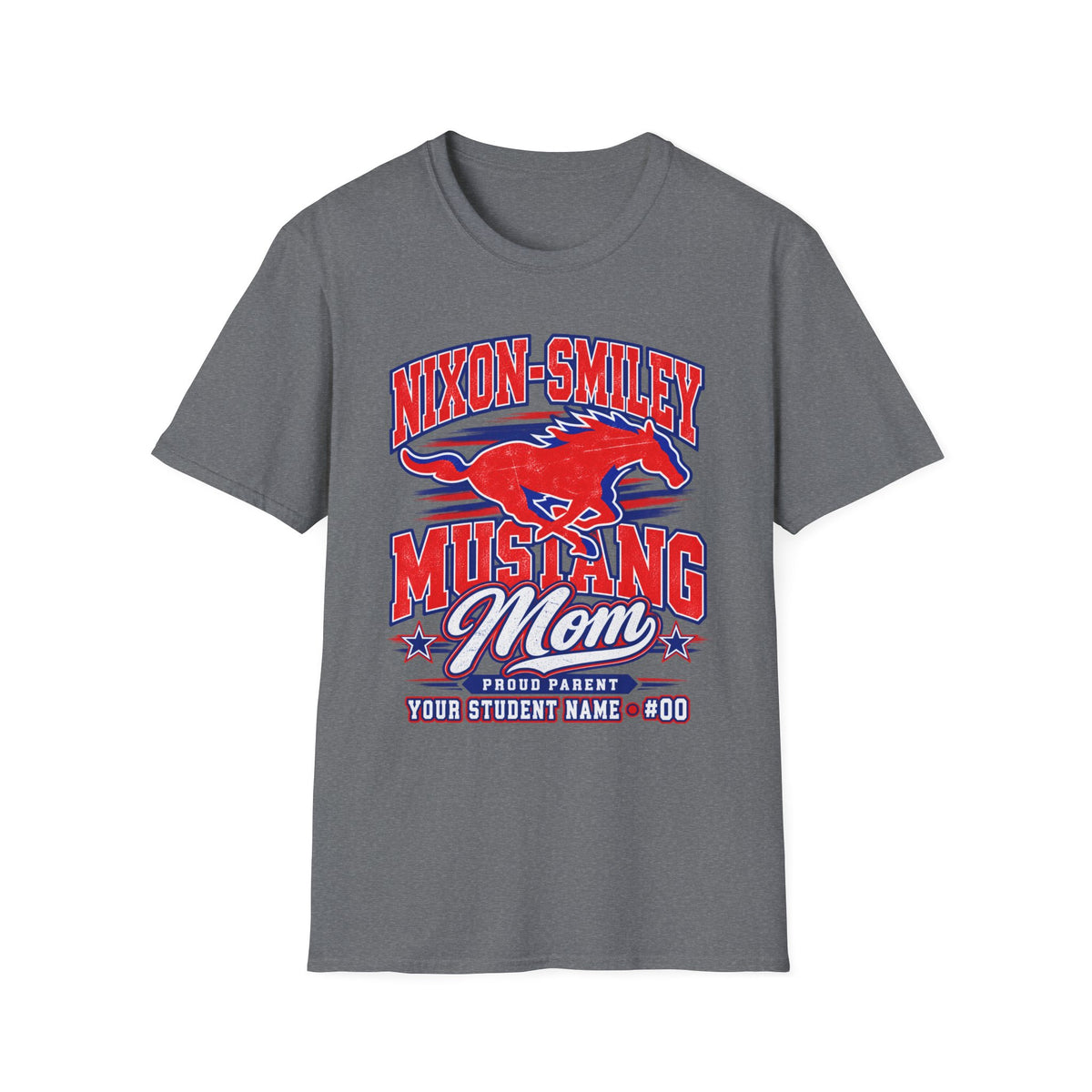 Mustang Mom T‑Shirt — Nixon‑Smiley School Spirit Tee (Customizable Student Name)