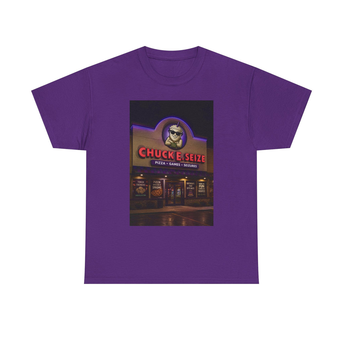 Chuck E Seize Neon Sign T-Shirt — Retro Arcade Pizza Parody Tee