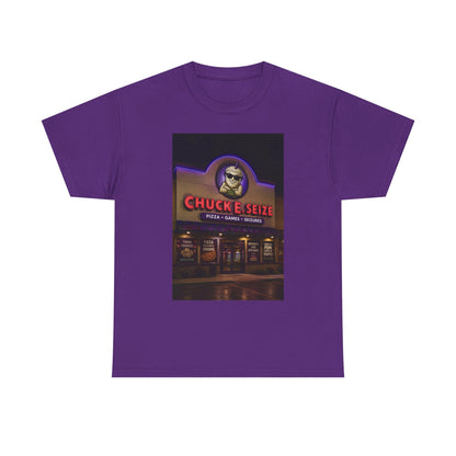 Chuck E Seize Neon Sign T-Shirt — Retro Arcade Pizza Parody Tee