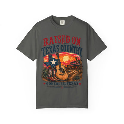 Raised on Texas Country T-Shirt — Gonzales TX Vintage Guitar Sunset Tee