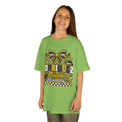 Rodriguez Matadors Elementary Kids T‑Shirt — School Spirit Bow & Mascot Tee