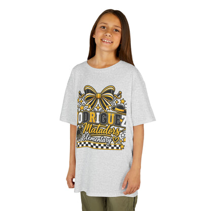 Rodriguez Matadors Elementary Kids T‑Shirt — School Spirit Bow & Mascot Tee