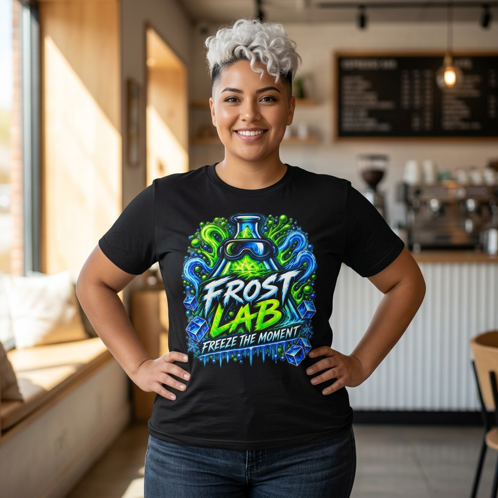Frost Lab Tee — “Freeze the Moment” Neon Science Graphic Shirt