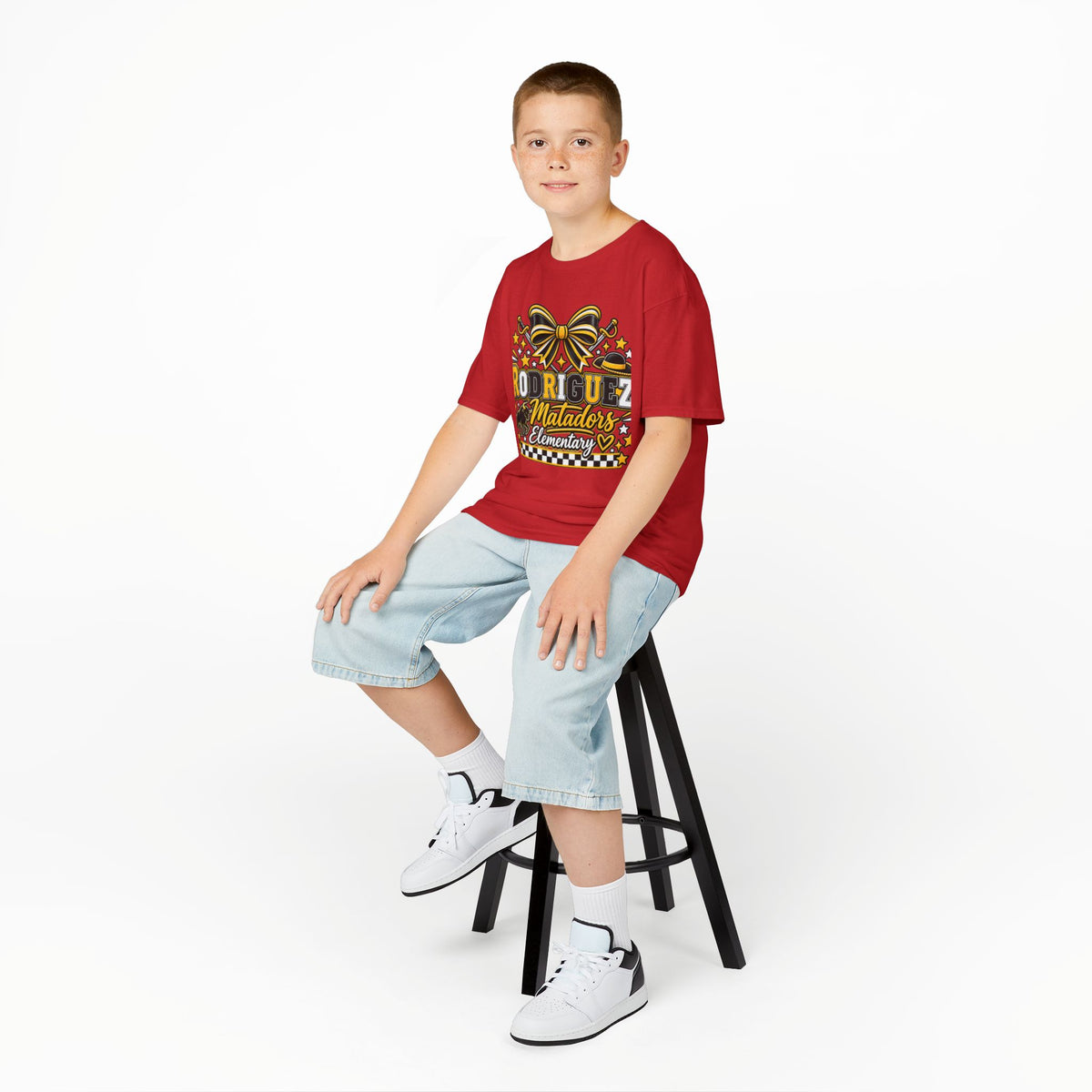 Rodriguez Matadors Elementary Kids T‑Shirt — School Spirit Bow & Mascot Tee