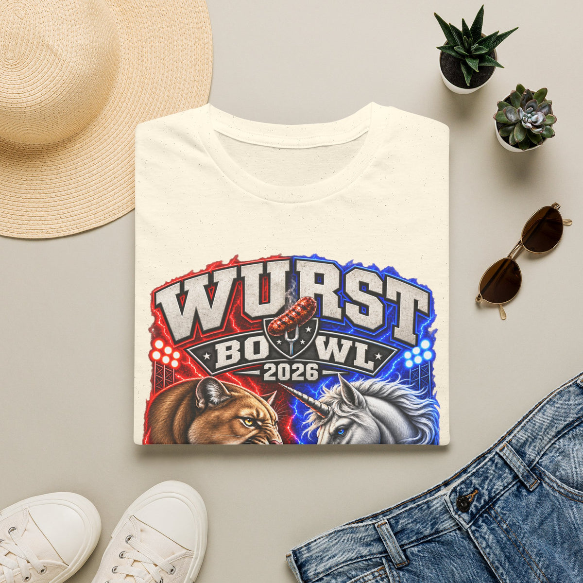 Wurst Bowl 2026 T‑Shirt — Rivalry Game Day Tee (Sausage vs. Unicorn)