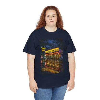 Diner Neon Night T-Shirt — Retro Rainy Cityscape Graphic Tee