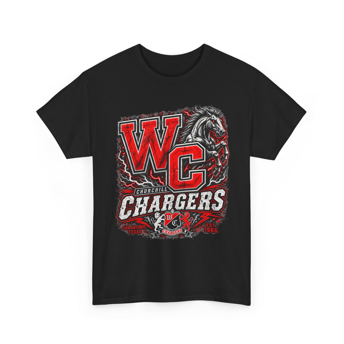 Chargers WC Mascot T-Shirt — Bold Red & Black School Spirit Tee