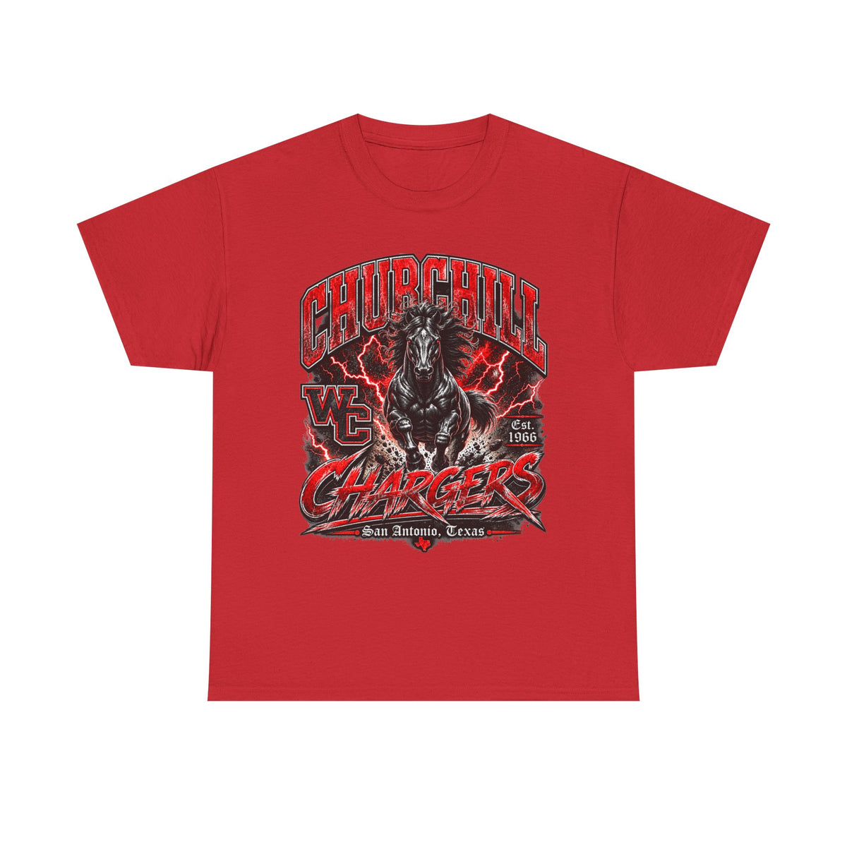 Churchill Chargers Mascot T‑Shirt — Vintage Black Stallion School Team Tee
