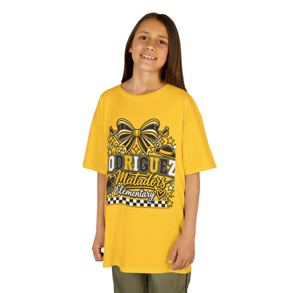 Rodriguez Matadors Elementary Kids T‑Shirt — School Spirit Bow & Mascot Tee