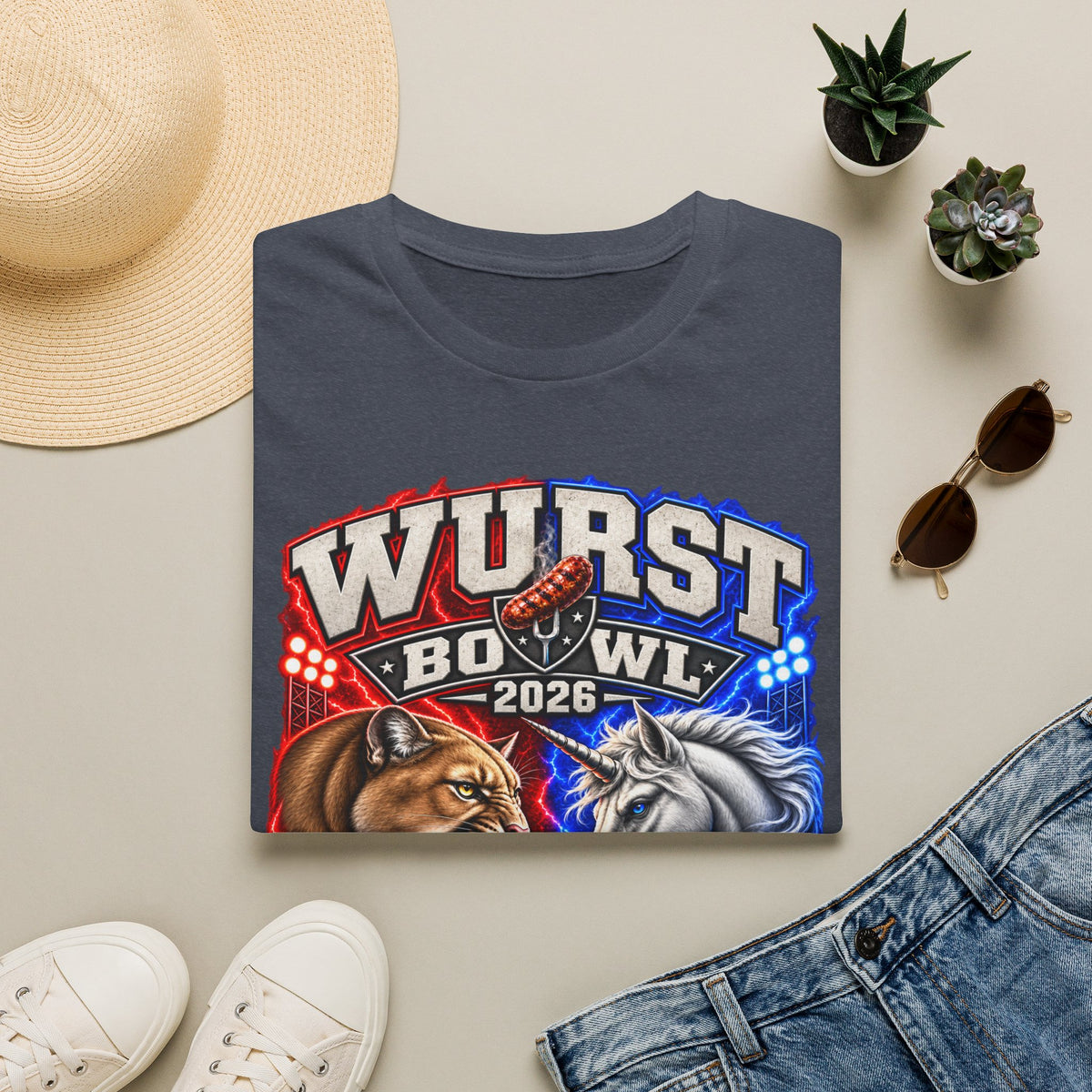 Wurst Bowl 2026 T‑Shirt — Rivalry Game Day Tee (Sausage vs. Unicorn)