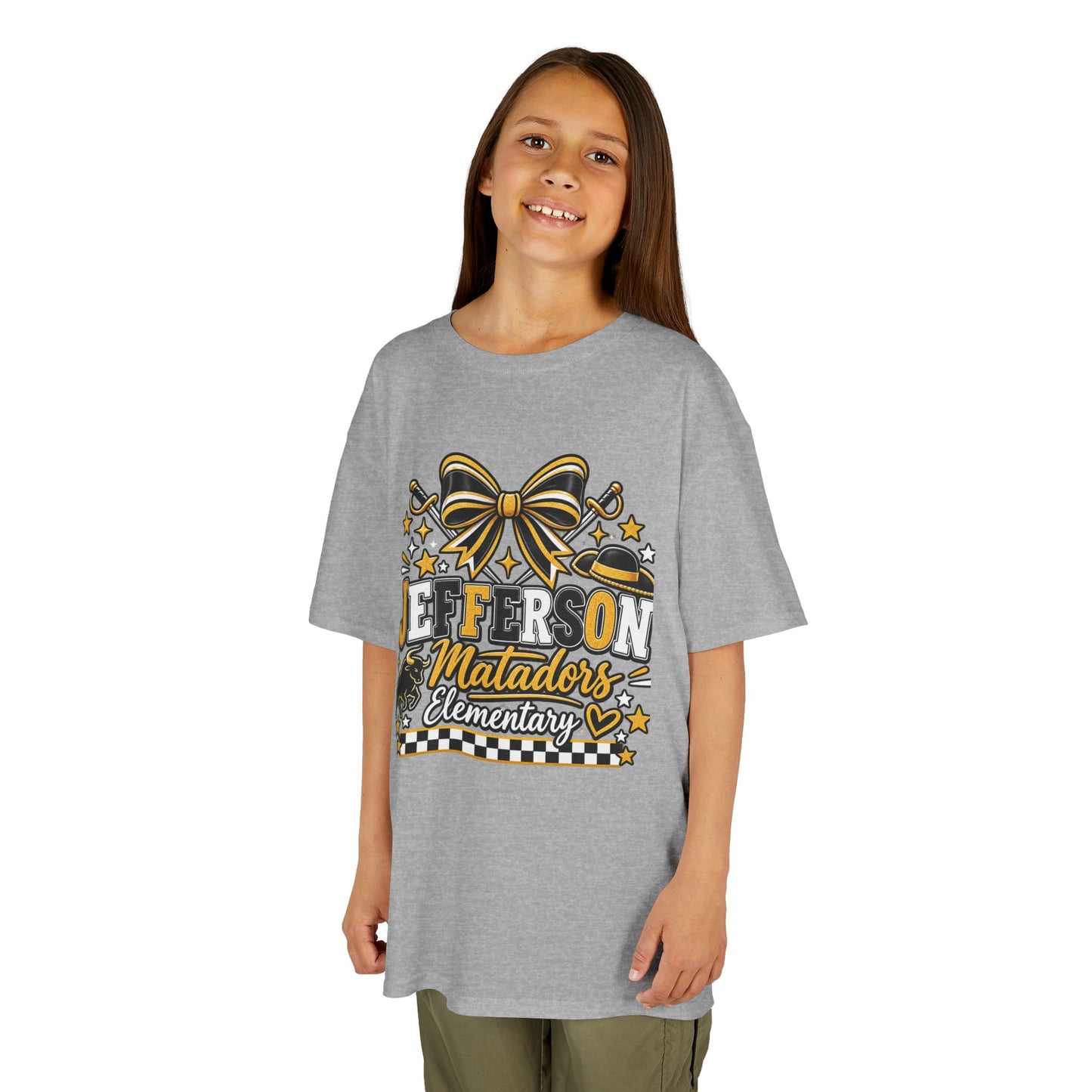 Jefferson Matadors Elementary Kids T-Shirt — School Spirit Bow & Mascot Tee